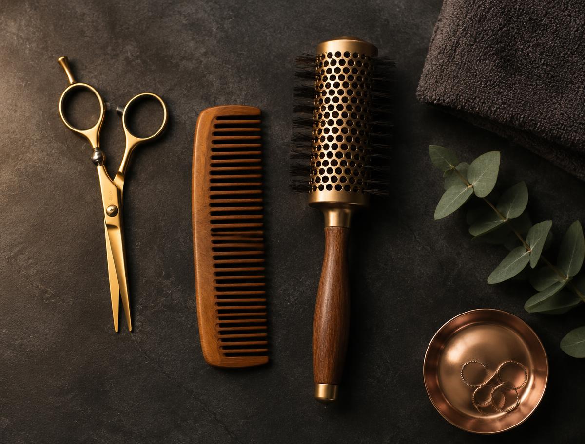 Premium salon tools on a dark stone surface